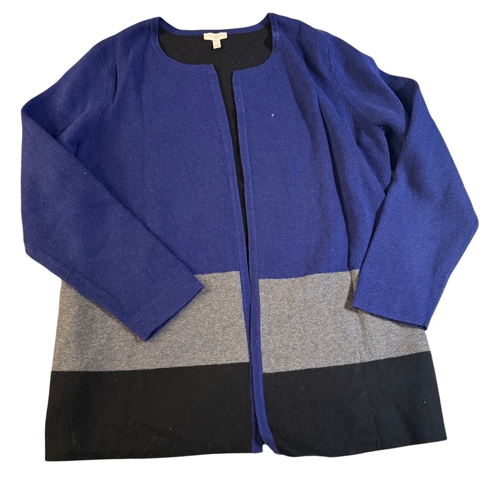 Talbots Petites Colorblock Open Front Cardigan Sweater Blue Gray Black LP‎